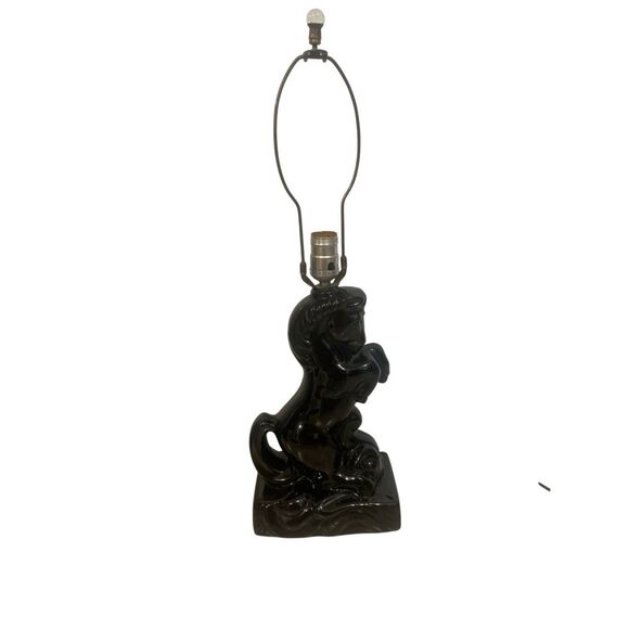 Pair of Black Ceramic Horse Mustang Lamps with Collabsable Metal Shades Mid Cent - Picture 2 of 7